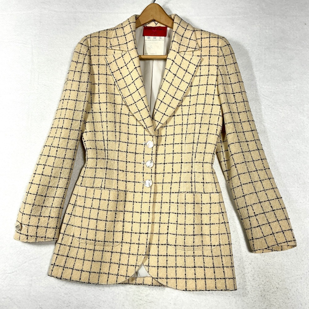 Emanuel Ungaro Size 6 Blazer Cream Blue Plaid Wool Mohair Women MSRP $1200